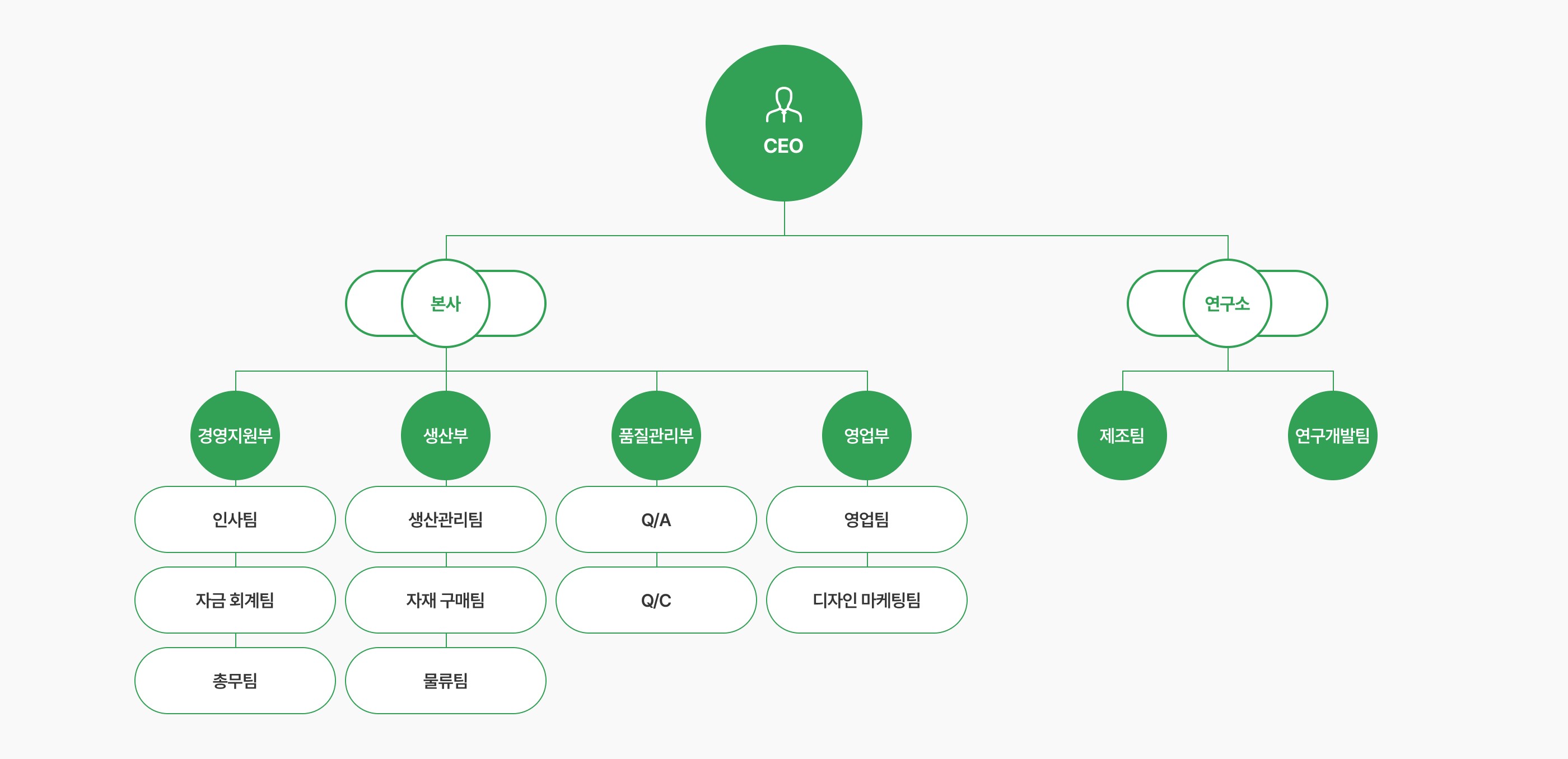 노블테크 조직도: CEO 아래 본사(경영지원부·생산부·품질관리부·영업부)와 연구소(제조팀·연구개발팀)로 구성